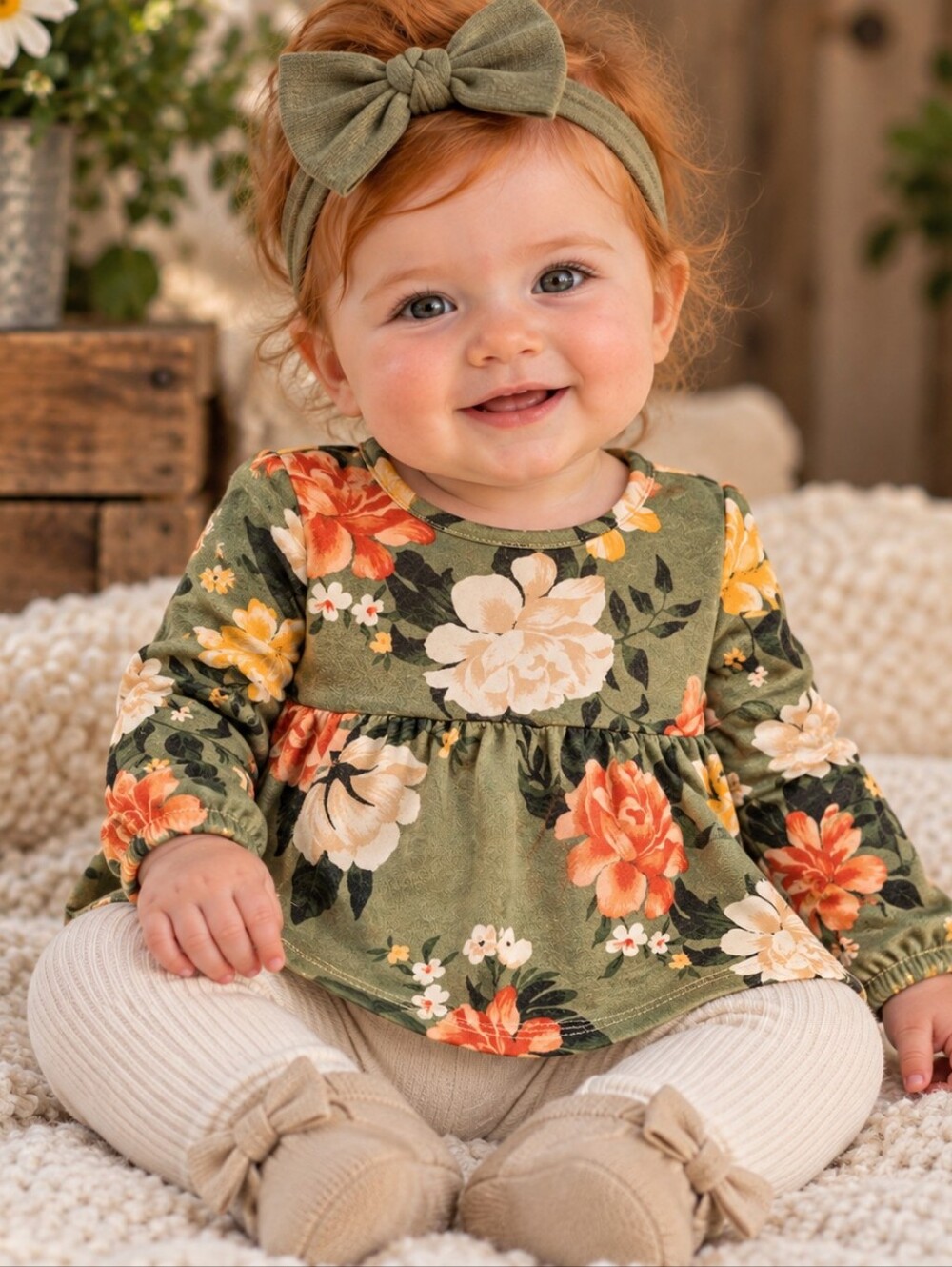 Old Navy Baby Girl 3-6M Olive Green Floral Long Sleeve Babydoll Top